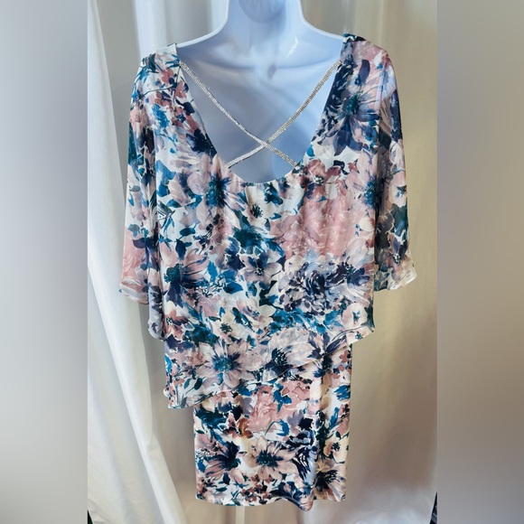 MSK Rhinestone Trim‎ Cape Overlay Dress Blue/Pink Floral Sleeveless Stretch Sz L - Picture 6 of 13